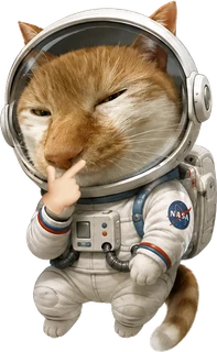 Moo, a cat in an astronaut suit, waiting attentively
