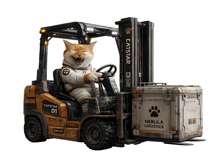 Moo the astronaut cat driving an orange forklift, carrying a crate stencilled with a paw print.