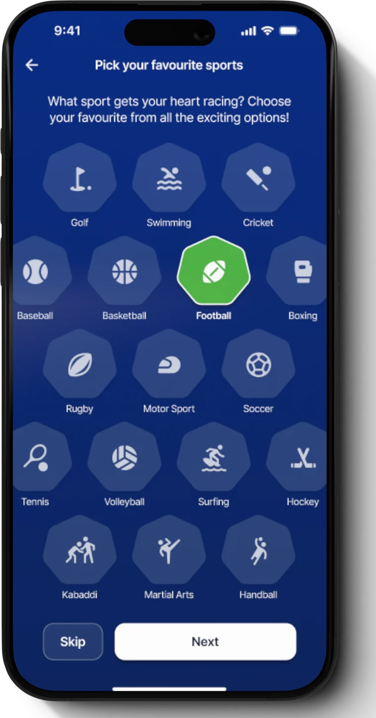 Onboarding screen titled 'Pick your favourite sports' showing a grid of hexagonal sport icons — golf, swimming, cricket, baseball, basketball, football, boxing, rugby, motor sport, soccer, tennis, volleyball, surfing, hockey, kabaddi, martial arts and handball — with football selected in green, above Skip and Next buttons.